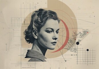 Vintage woman poster. Surrealism paper art and girl. Trendy pop artwork. Retro magazine collage. Female halftone design