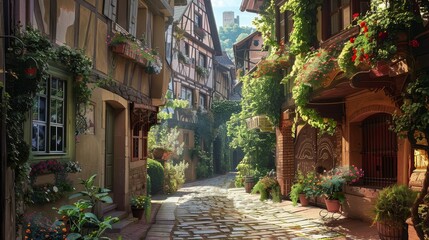 Fototapeta premium Charming Stone Cobblestone Alleyway in a European Village - A narrow cobblestone alleyway winds through a European village with colorful flowers lining the buildings.