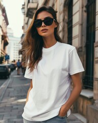 A woman in a white t-shirt walks down the city street