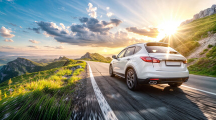 Car driving on a highway in the summer, mountains and sun in the background