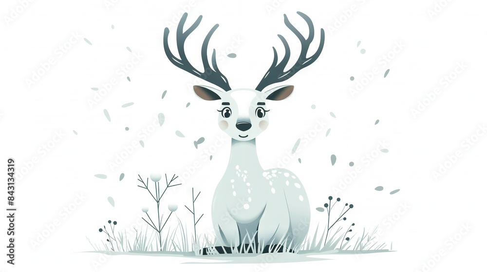 Sticker   A surprised deer, white with antlers, sits in the grass, looking directly at the camera