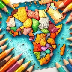 Color pencil sketch map of Africa with each country noted and iconic images representing each country