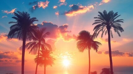 Obraz premium Minimalistic and elegant summer sunset, showcasing the silhouette of palm trees, isolated on a white background. The clean design emphasizes the calm and beauty of the sunset. 
