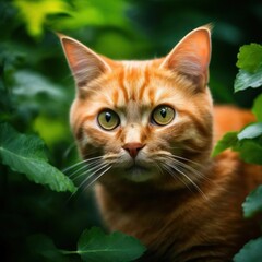 A beautiful red cat surrounded by lush greenery, created by artificial intelligence