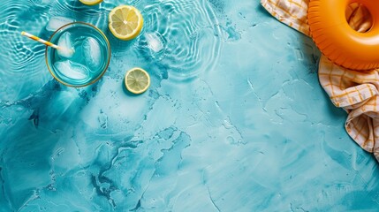 Fun retirement. Flatlay summer fun by the pool in colorful colors. Ideal for water based party invitations and announcements, product mockup, text background, graphic banners, and more.