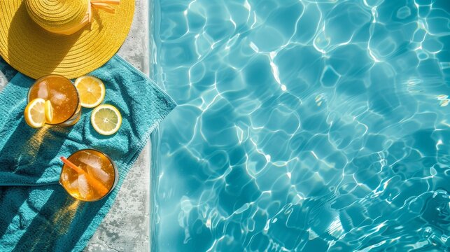 Fun retirement. Flatlay summer fun by the pool in colorful colors. Ideal for water based party invitations and announcements, product mockup, text background, graphic banners, and more.