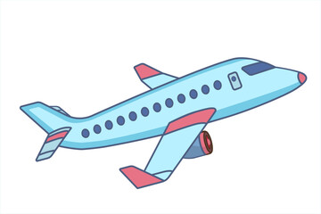 Airplane light blue color with pink tips. Plane in cartoon design. Passenger plane flying in the sky side view. travel concept. Toy plane graphic. Flat style vector illustration.