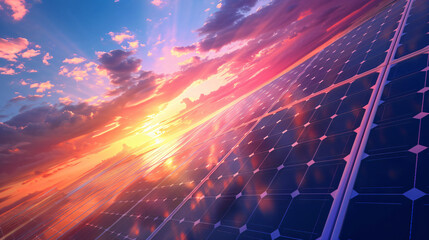 Solar panels soaking up the last rays of the setting sun