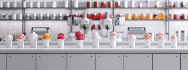 Minimalistic and bright ice cream manufacturing process, featuring machines churning ice cream, isolated on a white background. The elegant design captures the essence of production.
