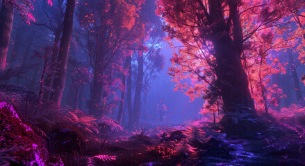 Fototapeta premium Mystical Forest with a Touch of Magic - A surreal forest bathed in an ethereal glow of pink and purple hues, with glowing leaves and a mystical atmosphere.