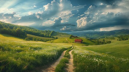 Fototapeta premium Rolling Hills and a Farmhouse in the Sunlight - A picturesque scene of a winding path leading to a farmhouse nestled in a grassy valley, illuminated by golden sunlight streaming through clouds.