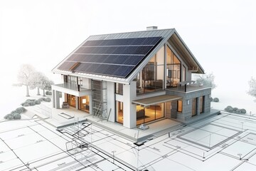House blueprint with green power panel. Modern ecological design. Innovation alternative model. Sketch of residential building with solar rooftop. 3D draft print