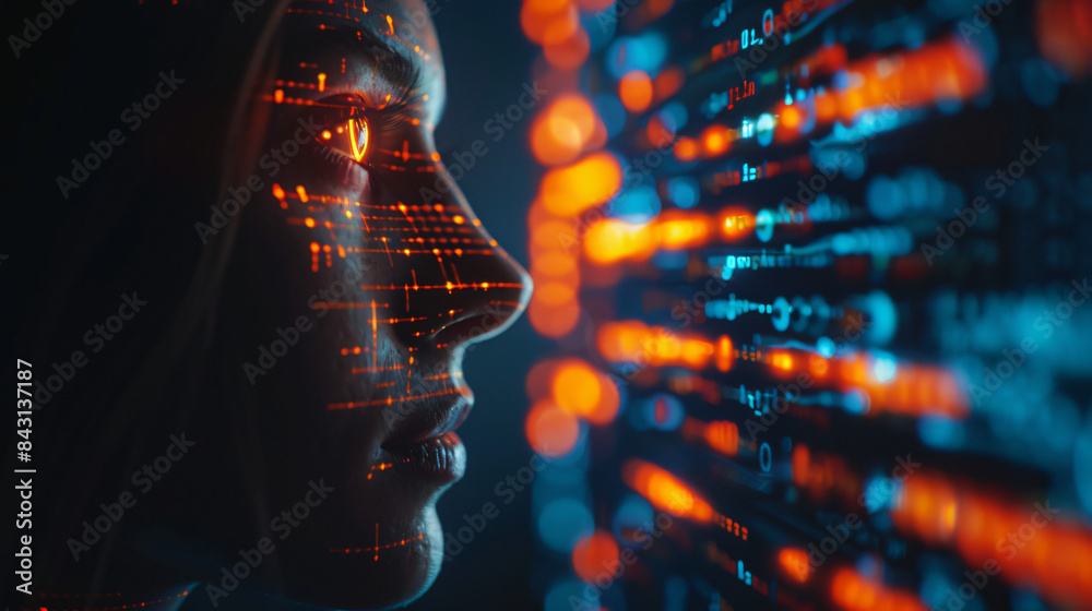 Poster woman with binary code projected on her face is analyzing data