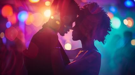 Silhouettes of Love in a Club Atmosphere - A couple silhouetted against a backdrop of colorful lights and blurred figures.