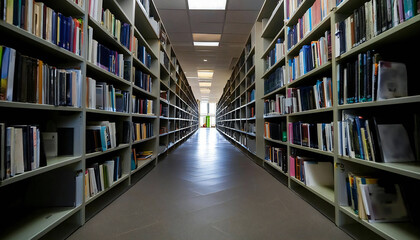 Library corridor. Image of a library with many books lined up.
