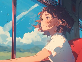 An exciting journey: A girl in a train looks out the window. Cartoon high quality illustration, generated by ai