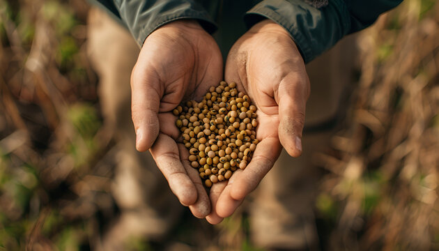 Closeup of handful of soybean hulls in male hands. Concept of organic supplement in production of compound feed for livestock animals