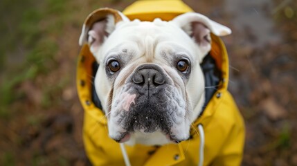 Bulldog wearing a yellow raincoat, with a focus on its face. The dog has a white coat with brown and black patches, particularly around the eyes and ears
