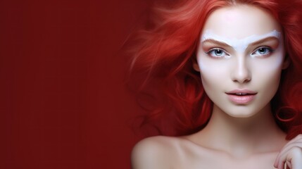 Beautiful young Caucasian red-haired woman with facial mask on her face on a background with Copy Space. Ginger woman with clay mask on her face. Red head female with cosmetic Facial Mask. copy space.