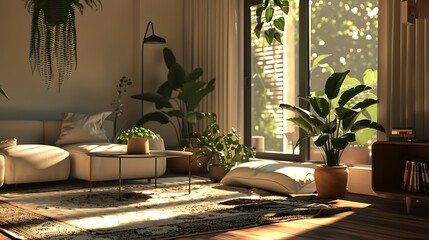 A modern, elegant room in white features a stunning frame on the back wall, a bright ceiling, and a colorful sofa. Soft cushions provide comfort, while a potted plant with lush greenery brings nature