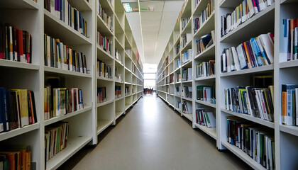 図書館の通路。たくさんの本が並ぶ図書館のイメージ素材。Library corridor. Image of a library with many books lined up.