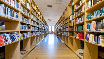 図書館の通路。たくさんの本が並ぶ図書館のイメージ素材。Library corridor. Image of a library with many books lined up.