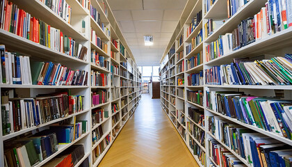 図書館の通路。たくさんの本が並ぶ図書館のイメージ素材。Library corridor. Image of a library with many books lined up.