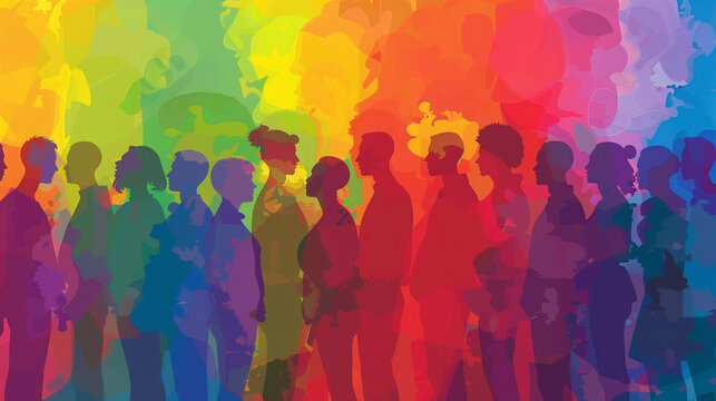 LGBT long banner. Silhouettes of diverse people are painted in the colors of the rainbow. Pride Month. A place for text