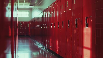 A school hallway featuring red lockers neatly lined up against the wall