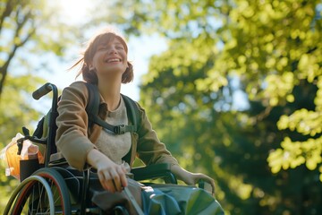 Obraz premium A cheerful young woman enjoying a sunny day outdoors in her wheelchair, representing positivity, rehabilitation, and a healthy lifestyle.