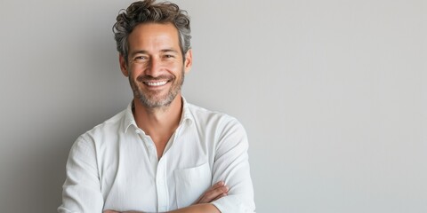 Successful, smiling businessman's portrait, modern background. Confident and cheerful senior