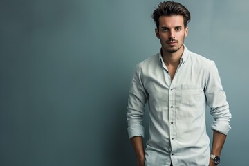 Obraz premium A thoughtful, fashionable young man poses confidently in casual attire, exuding modern elegance and style.
