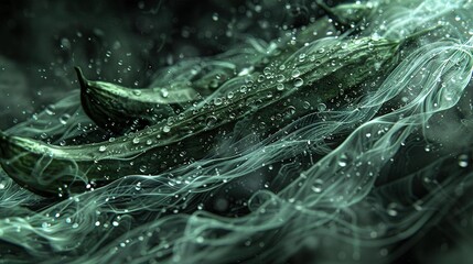   A close-up of a green pearl with water droplets on its leaves and water droplets on its surface