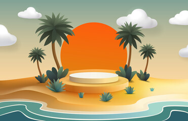 Beach on an island with a podium and palm trees, vacation at sea. Vector illustration