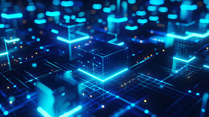 Glowing blue cubes representing data processing in a server farm