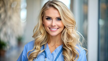 A beautiful blonde girl with loose hair, a nurse, the girl looks at the camera and smiles sweetly