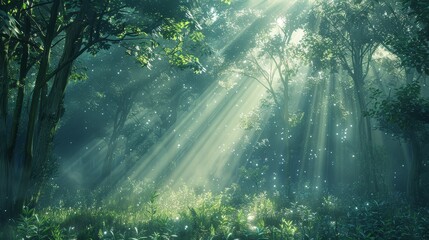 Sunbeams in a Mystical Forest - Sunlight streams through dense foliage in an enchanted forest, casting a magical glow on the misty air.