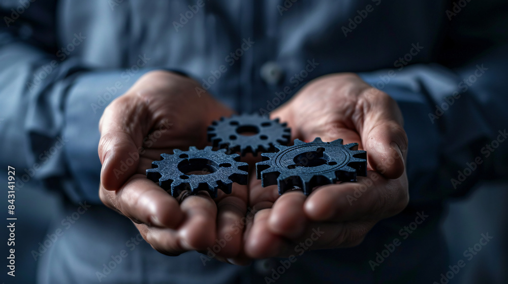 Poster businessman is presenting three interlocking gears, symbolizing teamwork and collaboration