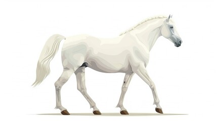Fototapeta premium A long-maned and tailed white horse stands before a white backdrop with a cast shadow on the ground