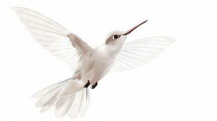 Obraz premium A white bird flies in the air with its beak and wings spread wide