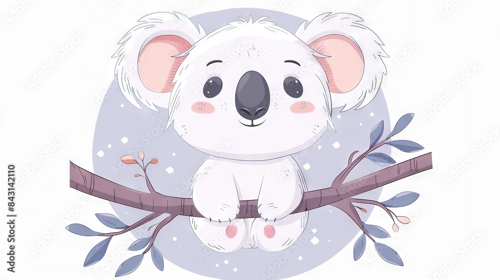 Sticker koala on leaf-crowned branch with circled eyes