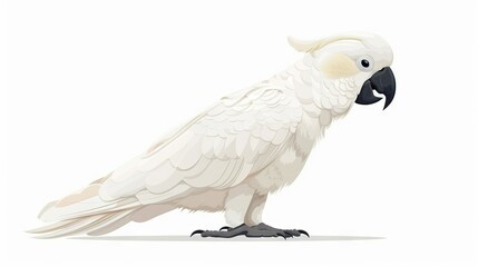 Fototapeta premium A white parrot with a black beak stands on its hind legs, turning its head to the side