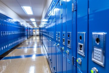 Blue lockers with combination locks in a bright school hallway