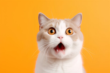 cute british shorthair cat portrait looking surprised on orange background with copy space