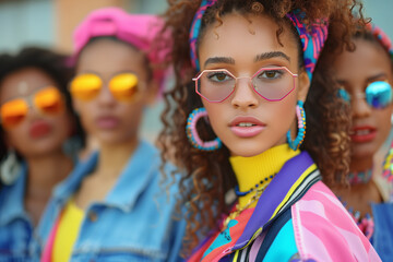 Obraz premium A group of young adults showcases vibrant 90s-inspired fashion with colorful sunglasses, denim jackets, bold makeup, and statement jewelry, reflecting a blend of retro and contemporary urban style