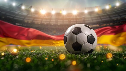 Fototapeta premium Soccer ball on the field of stadium with Germany flag.