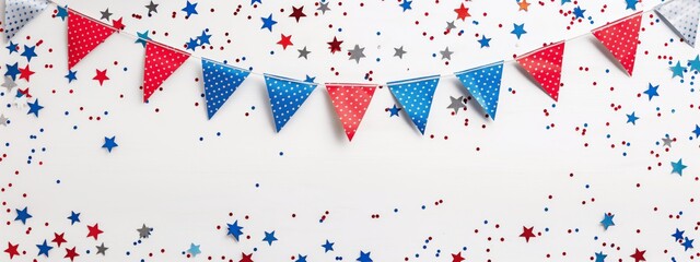 Fototapeta premium A simple and clean Independence Day setup, with fireworks and patriotic banners, isolated on a white background.