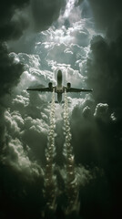 Cloud Seeding Plane, Silver-coated wings, Aircraft releasing silver iodide into clouds to induce rainfall, Stormy skies, Photography, Backlights, Lens Flare