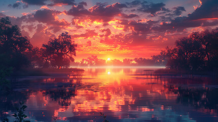 Obraz premium a picturesque sunrise over a calm river with glowing clouds and silhouetted trees