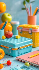 Fototapeta premium Minimalistic and bright setup of Back to School preparations, featuring notebooks, pencils, and lunchboxes, isolated on a white background. The clean design highlights the cheerful and organized arran